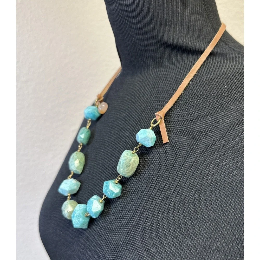 Large Chunky Faceted‎ Amazonite Polished Bead Statement Necklace Adjustable EUC